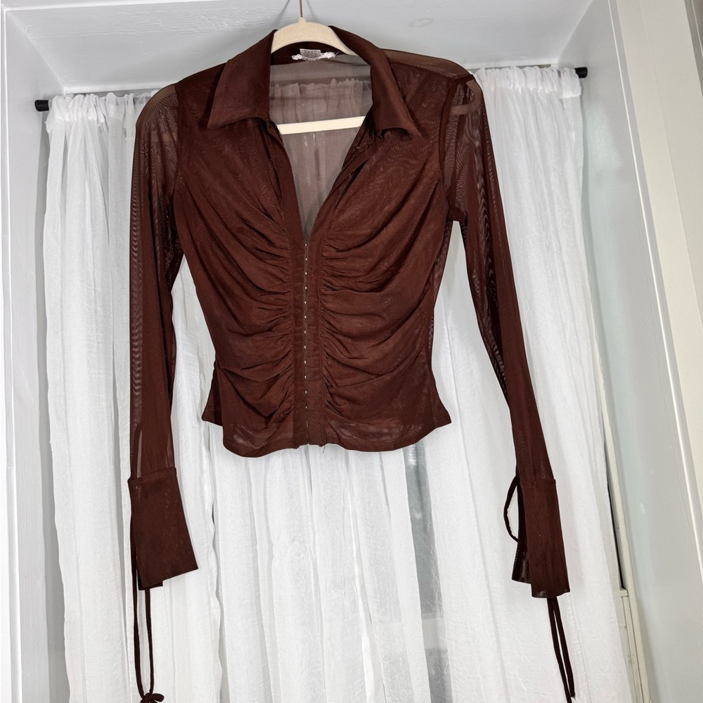 Sheer Brown Ruched Mesh Blouse Fitted Long Sleeve Top S